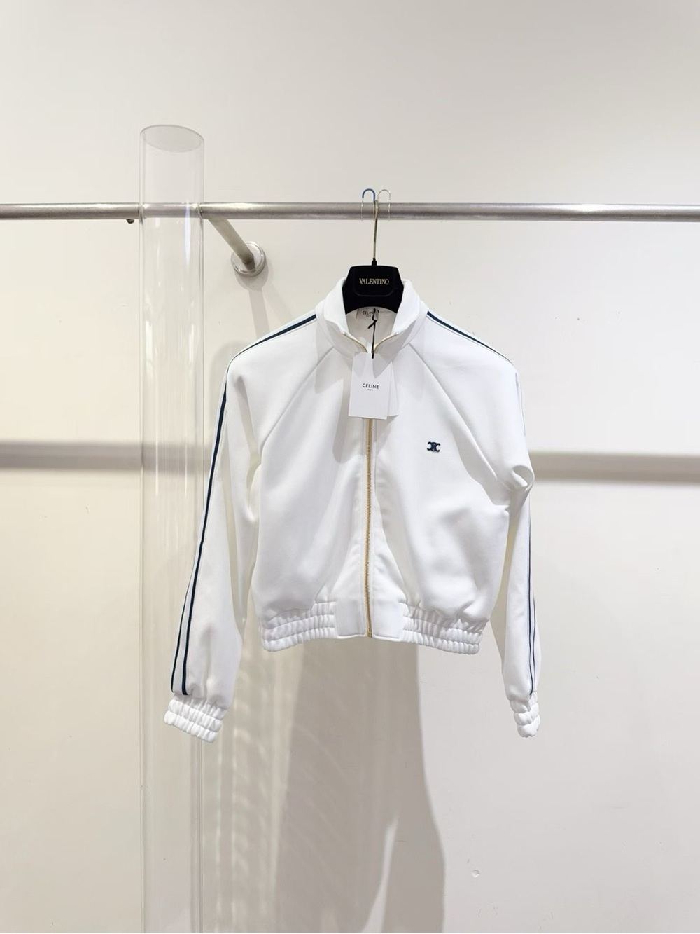 Celine White Bomber Jacket with Navy Stripe